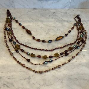 Multi-Strand Brown and Gold Beaded Statement Necklace